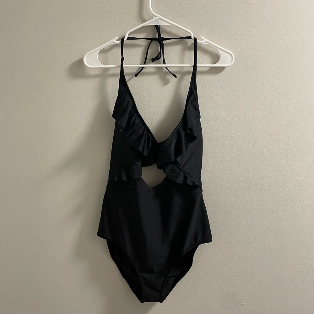 Aerie Black One Piece Ruffle Front Bathing Suit NWT